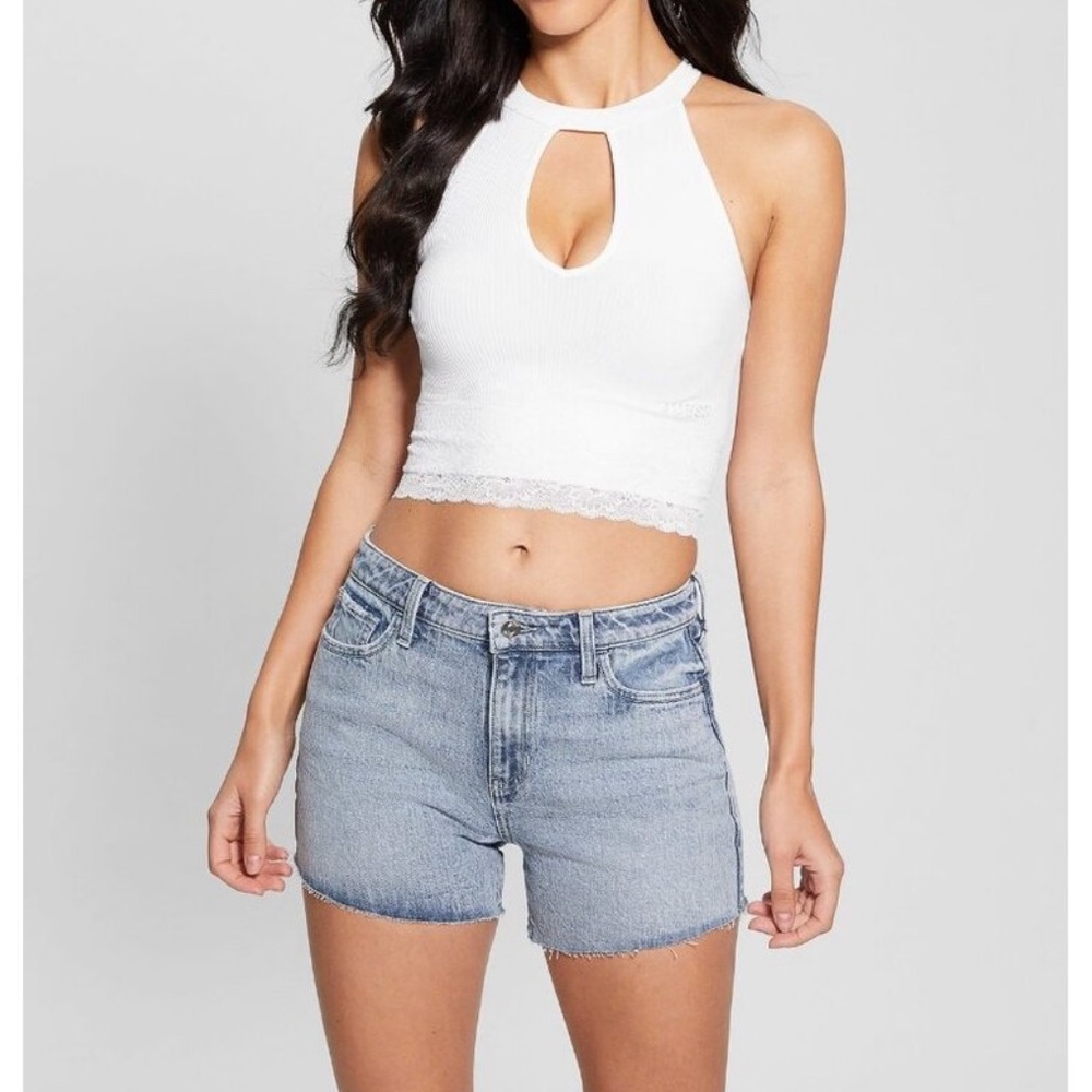 GUESS Women's Lila Cutout Seamless Ribbed Lace-Trim Sweater White Size XL